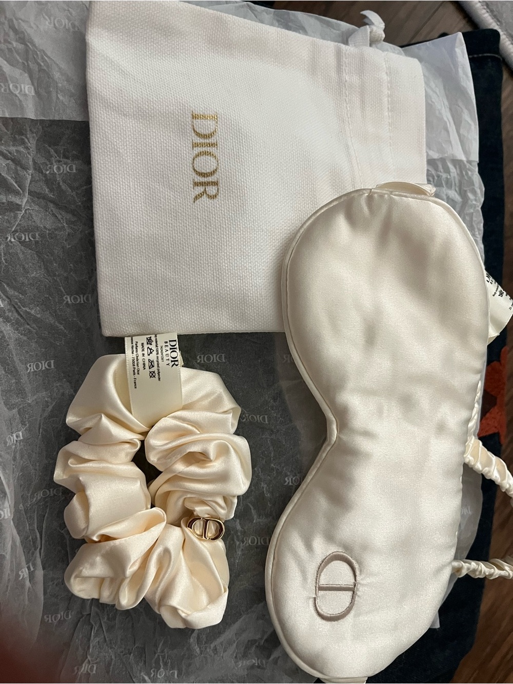 Dior Satin Scrunchie in Ivory with Gold CD Charm